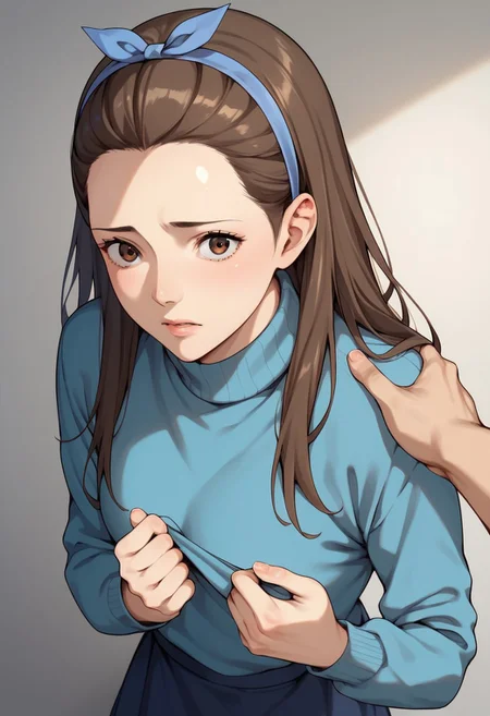 score_9, score_8_up, score_7_up, deep skin, shiny skin, source_anime, high quality, highres, KazukoMorinakaHB, 1girl, long hair, brown hair, brown eyes, hair slicked back, blue headband, hair ribbon, blue shirt, sweater, turtleneck, long sleeves, dark blue skirt, solo, worried, pov,