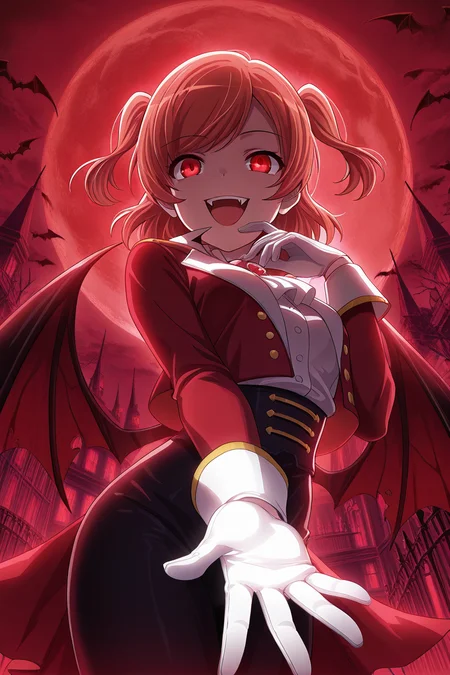 masterpiece, best quality, amazing quality,
<lora:Karen_IL:1> karen, 1girl, solo, two side up, open mouth, gloves, swept bangs, white gloves, smile, bangs, looking at viewer, long sleeves, :d, backlighting, red jacket, vampire, evil smile, red moon, wings