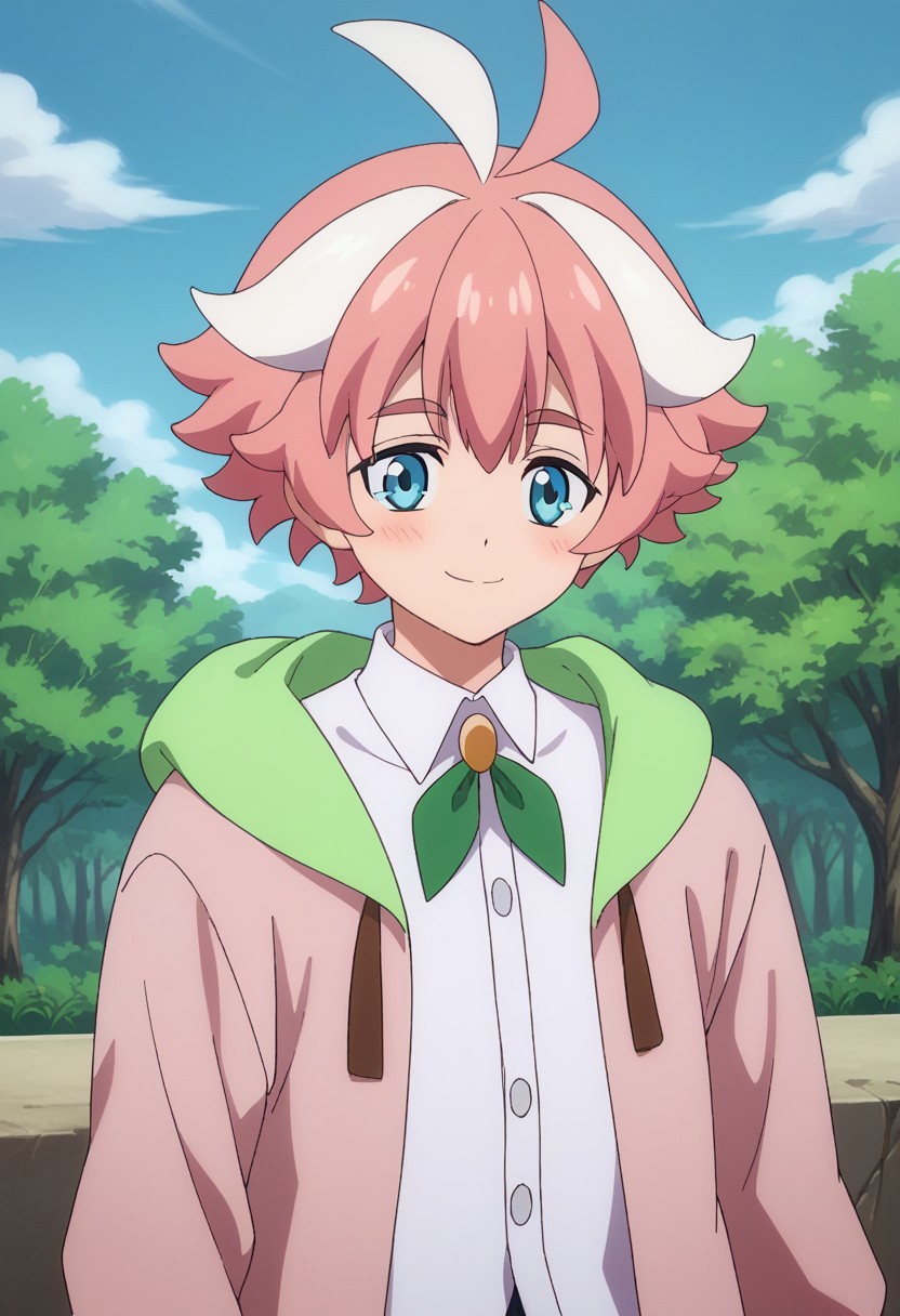 score_9, score_8_up, score_7_up, source_anime, highly detailed, 
itsuki, 1boy, male focus, solo, blue eyes, pink hair, multicolored hair, shirt, hood, white hair, jacket, white shirt, ahoge, streaked hair, collared shirt, two-tone hair, long sleeves, pink jacket, ribbon, neck ribbon, green ribbon, smile, blush, shy,
outdoor, sky, sit, trees, upper body,