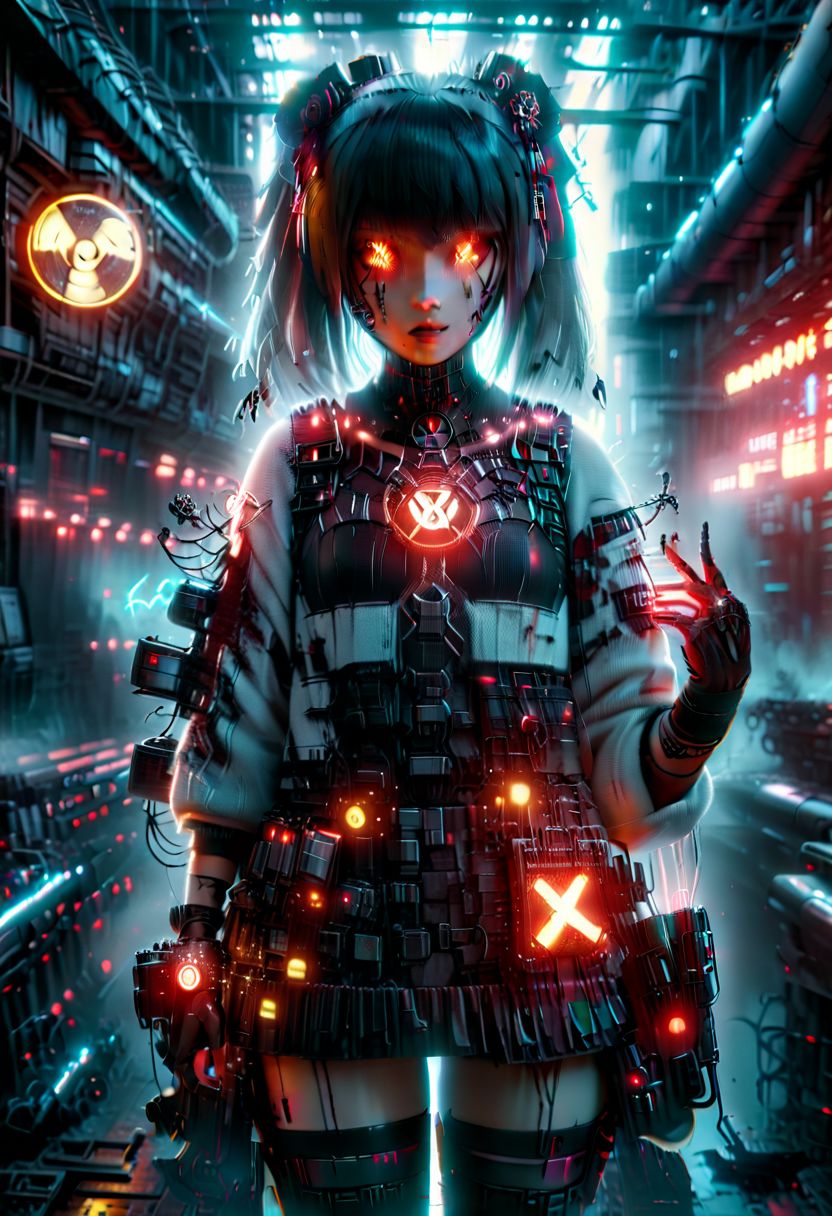 3d movie poster, cyberpunk cafe, young woman, rin tohsaka cosplay, detailed beautiful face, fingerless gloves, coat over sweater, red|black, (glowing hair buns, hair ornament), vantablack skirt, thighhighs, science fiction