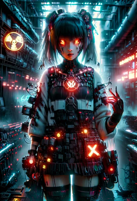 3d movie poster, cyberpunk cafe, young woman, rin tohsaka cosplay, detailed beautiful face, fingerless gloves, coat over sweater, red|black, (glowing hair buns, hair ornament), vantablack skirt, thighhighs, science fiction