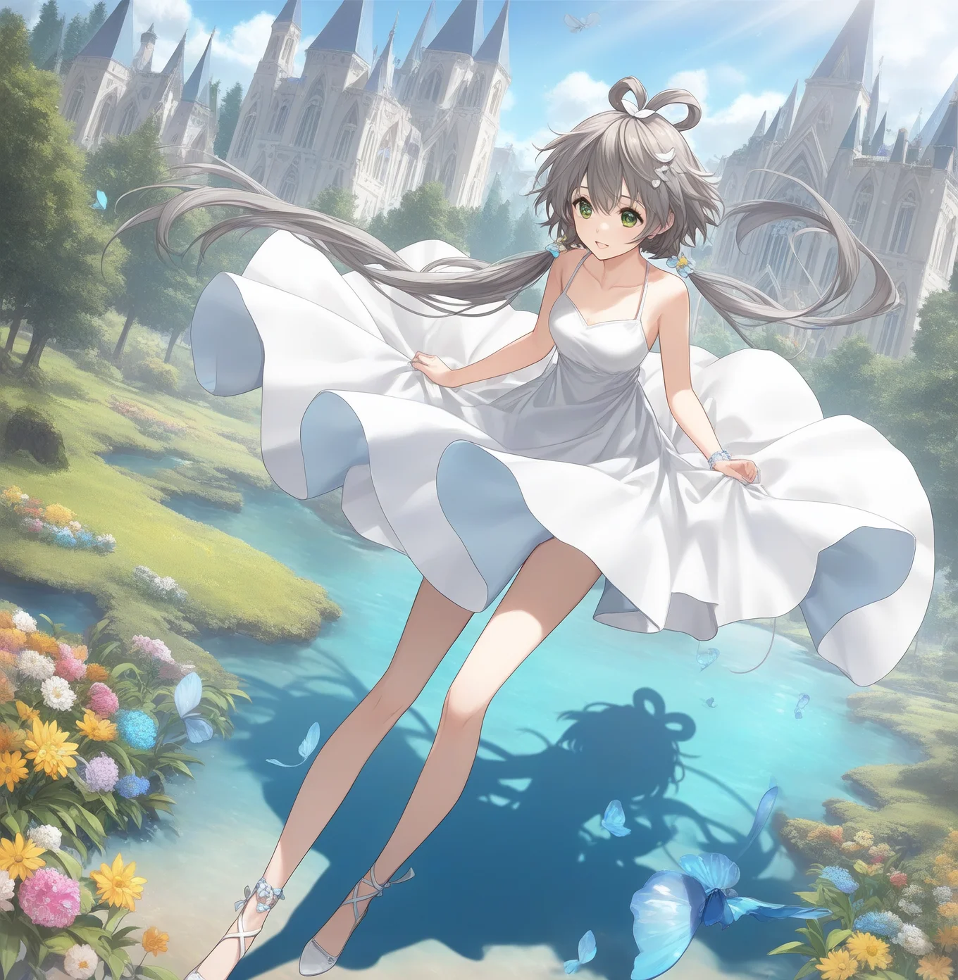 luo tianyi,1girl,masterpiece,high quality,best quality,beautiful,(extremely detailed CG unity 8k wallpaper),(((masterpiece))), (((best quality))), ((ultra-detailed)), (best illustration),(best shadow), ((an extremely delicate and beautiful)),dynamic angle,floating, fairyland,dynamic angle,sea of flowers,beautiful detailed garden,wind,classic,spring, (detailed light),feather, nature, (sunlight), river, forest,(((floating palace))),((the best building)),beautiful and delicate water,(painting),(sketch),(bloom),(shine),summer_dress,