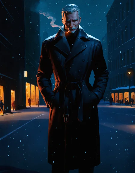 masterpiece illustration, best quality, high res,   detailed,
1boy, old man, tech noir, street, investigator outfit, long coat, snowing, new york, street, city, black clothes, leather clothes, smoking cigarette, 
(noir:0.4), dark theme, shadow, cinematic lighting, (artist: ilya kuvshinov:0.4), 
<lora:Gil Elvgren v-pred both:0.4>