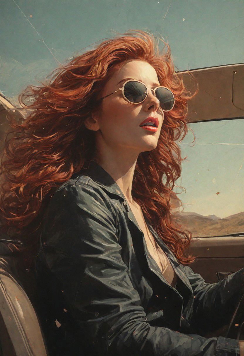 Muse and goddess of cinematic photo photo of a 30yo redhead woman, driving in a convertibal car, long hair flutters in the wind, freckles, sunglasses, bright sunlight, <lora:JuggerCineXL2:1> . 35mm photograph, film, bokeh, professional, 4k, highly detailed, languid, otherworldly color ink drawing by Abigail larson, Egon Schiele, Bill Sienkiewicz, Moebius,black and white,