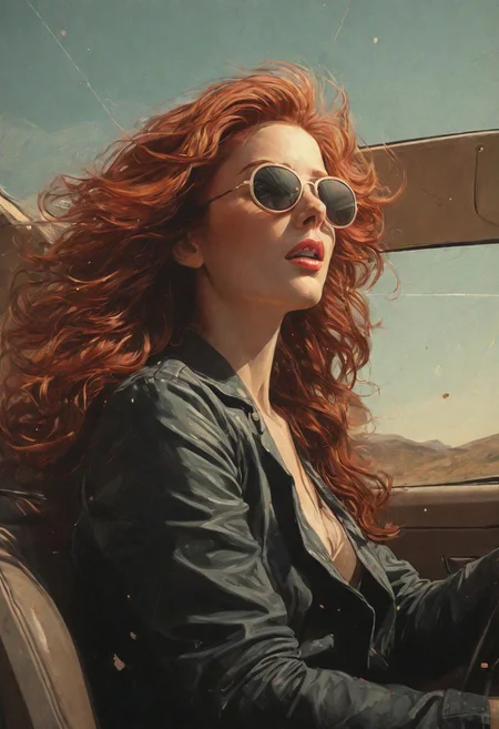 Muse and goddess of cinematic photo photo of a 30yo redhead woman, driving in a convertibal car, long hair flutters in the wind, freckles, sunglasses, bright sunlight, <lora:JuggerCineXL2:1> . 35mm photograph, film, bokeh, professional, 4k, highly detailed, languid, otherworldly color ink drawing by Abigail larson, Egon Schiele, Bill Sienkiewicz, Moebius,black and white,