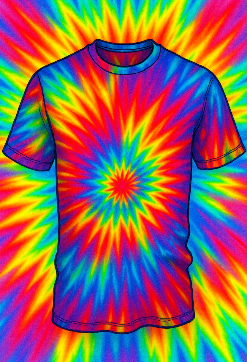 <lora:Tie_Dye_Style_FLUX-000015:0.9> 
This is a vibrant, psychedelic digital drawing of a tshirt rendered in a swirling pattern reminiscent of tie-dye artwork.