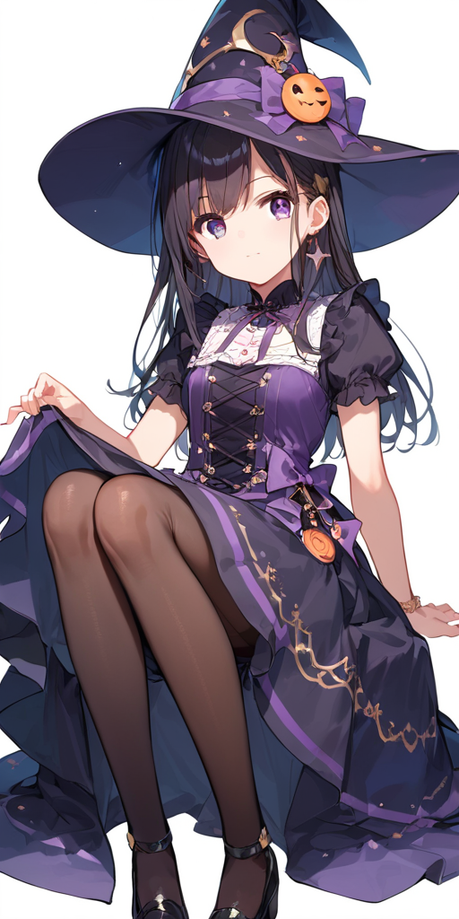 score_9, score_8_up, score_7_up,source_anime, high res image,masterpiece,best quality,girl,cute face,clear skin,shiny hair,ultra detailed eyes,simple background,   <lora:witch_Pony_V1.0:0.7> jyojifuku, witch, hat,dress, pantyhose,sitting