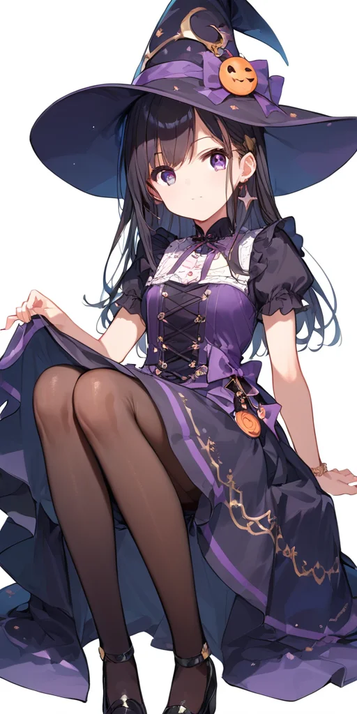 score_9, score_8_up, score_7_up,source_anime, high res image,masterpiece,best quality,girl,cute face,clear skin,shiny hair,ultra detailed eyes,simple background, <lora:witch_Pony_V1.0:0.7> jyojifuku, witch, hat,dress, pantyhose,sitting