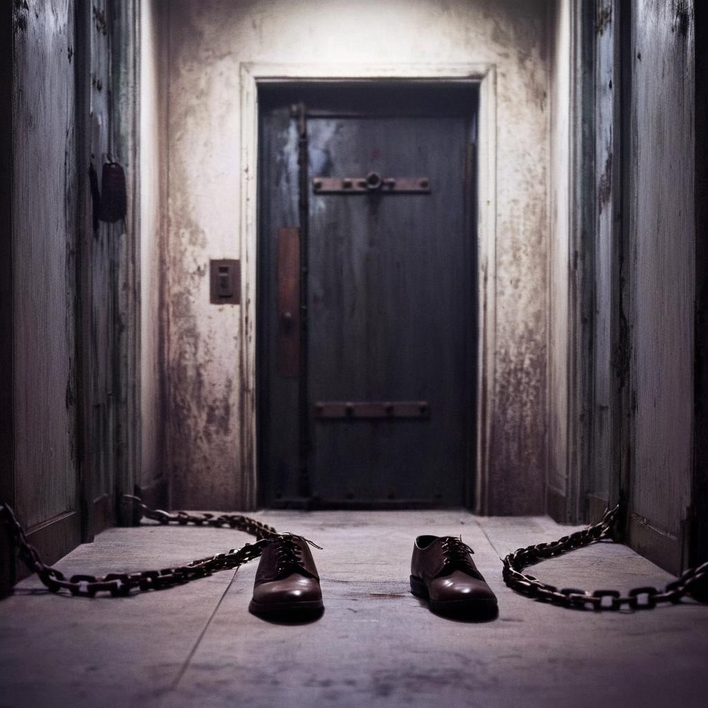 cinematic film still of  <lora:perfection style:0.5> <lora:detailed:0.5> perfection detailed
 <lora:Sairento Hiru style:0.9>
In the mysterious New England town of Silent Hill a door with a chain around it and a pair of shoes,indoors,no humans,chain,door , cinematic, supernatural, horror style, Sairento Hiru style, shallow depth of field, vignette, highly detailed, high budget, bokeh, cinemascope, moody, epic, gorgeous, film grain, grainy