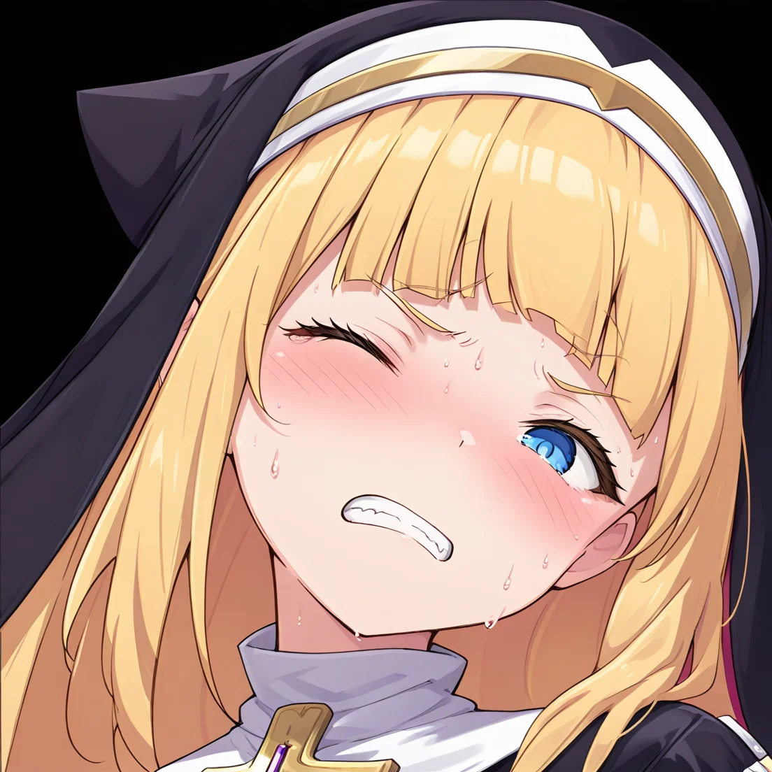 <lora:Exorcist_Girl_Charlotte__Mizuki_Konoe:1>
exorcistcharlotte,habit, solo, looking at viewer, blush, simple background, sweat, one eye closed, teeth, black background, clenched teeth, portrait, wince
masterpiece,best quality,amazing quality,