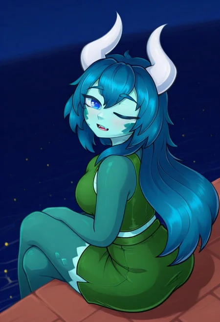 1girl, solo, monster girl, dragon girl, green skin, long hair, blue hair, blue eyes, green top, green skirt, looking at viewer, looking at viewer, outdoors, night, sitting, green skin, colored skin, crossed legs, one eye closed, high angle view, from side, cowboy shot, open mouth, (smile:0.5), white horns