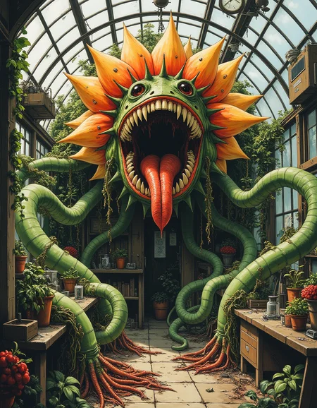 sp4c34n1m3  A monstrous, oversized plant with sharp, tooth-like thorns and vines that writhe like snakes, sits in a corner of a greenhouse. The plantâs flowers have mouths lined with razor-sharp teeth, and they snap at the air, hungry for flesh. The greenhouse is overgrown, with broken glass and decaying vegetation, and the air is thick with the stench of rot
<lora:Space_Anime:0.6>