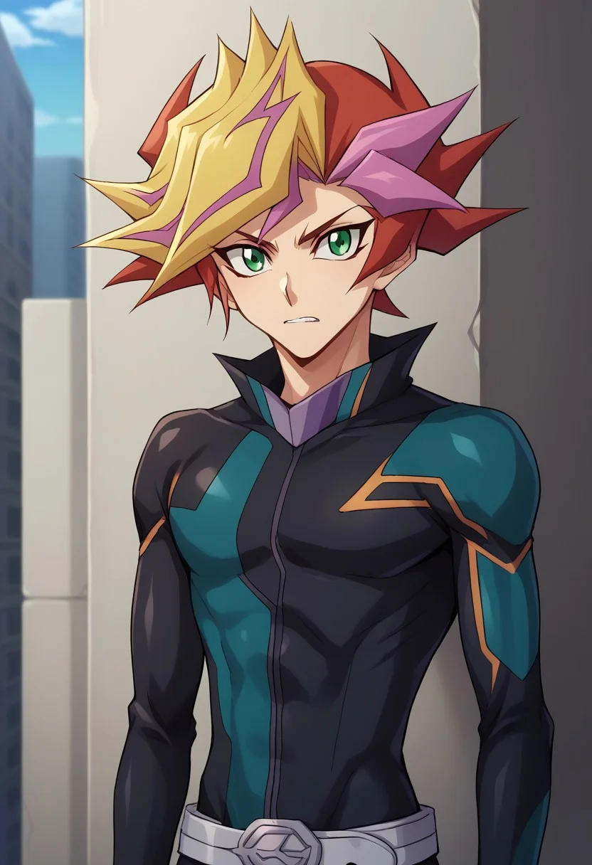 score_9, score_8_up, score_7_up, source_anime, highly detailed,
yusaku, 1boy, male focus, solo, multicolored hair, green eyes, bodysuit, spiked hair, blonde hair, looking at viewer, closed mouth, belt, black bodysuit, dyed bangs, playmaker outfit, upper body, clenched teeth, determined,
outdoor, virtual reality, neon,