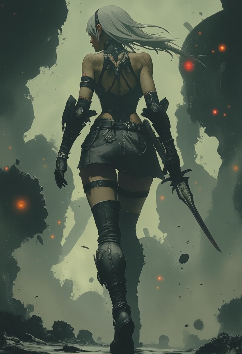 ArsMJStyle, dnddarkestfantasy, 2b yorha, crpstyle, Nier: Automata, The camera captures figure 2B from behind: her slender legs partially covered by a skirt, black high boots with reinforced soles and part of her back. A light wind blows her short skirt and loose white hair, adding movement to the frame. 2B's left hand is gripping the sword tightly, ready for battle, the blade glistening in the dim light. Ahead of her, the silhouettes of robots are dimly visible, advancing with menacing red eyes. Everything in front of her is in a light blur, which makes the shape of the robots indistinct, but the eyes stand out as bright dots in the fog of battle