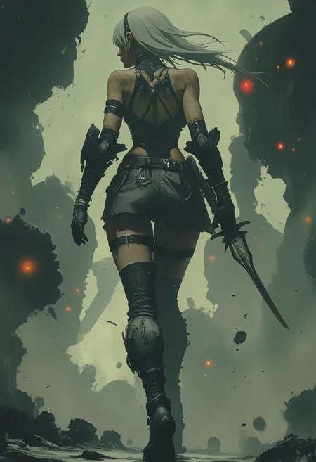 ArsMJStyle, dnddarkestfantasy, 2b yorha, crpstyle, Nier: Automata, The camera captures figure 2B from behind: her slender legs partially covered by a skirt, black high boots with reinforced soles and part of her back. A light wind blows her short skirt and loose white hair, adding movement to the frame. 2B's left hand is gripping the sword tightly, ready for battle, the blade glistening in the dim light. Ahead of her, the silhouettes of robots are dimly visible, advancing with menacing red eyes. Everything in front of her is in a light blur, which makes the shape of the robots indistinct, but the eyes stand out as bright dots in the fog of battle