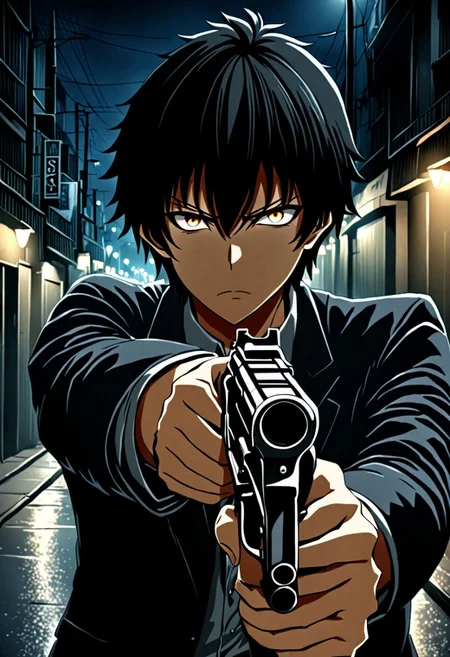 high resolution, solo, best quality, 1Boy, Seiya Kanie, black hair, short hair, thin, portraits, midnight, dim street lights, mysterious, threatening, gun, aiming the gun to the viewer, OverallDetail