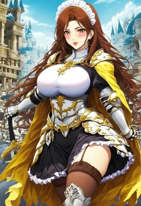 score_9_up, score_8_up, score_7_up , source_anime , big breasts, Expressiveh, kitn, multicolored hair, long hair, brown hair, solo, streaked hair, curvy , large breasts, thicc, wide hips, thick thighs, bedroom eyes , luscious lips, lipstick, soft lips, puffy lips,, hearts , lace thigh highs , lace garter belt , wrist cuffs , maid , knight outfit , knight helmet, breastplate , gauntlets , metal boots, leg Greave , yellow cape,, looking at viewer, blush, smile, holding sword both hands.