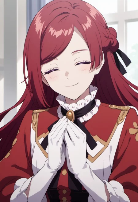 score_9, score_8_up, score_7_up, source_anime,pride royal ivy, red hair, long hair, purple eyes, 1girl, closed eyes, solo, smile, braid, gloves, anime coloring, white gloves, ribbon