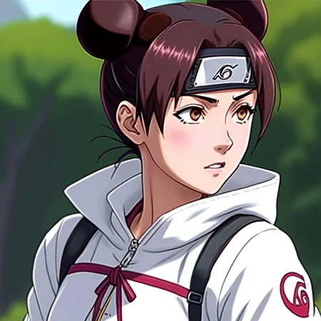 a girl tenten_wrise, beautiful face, short hair