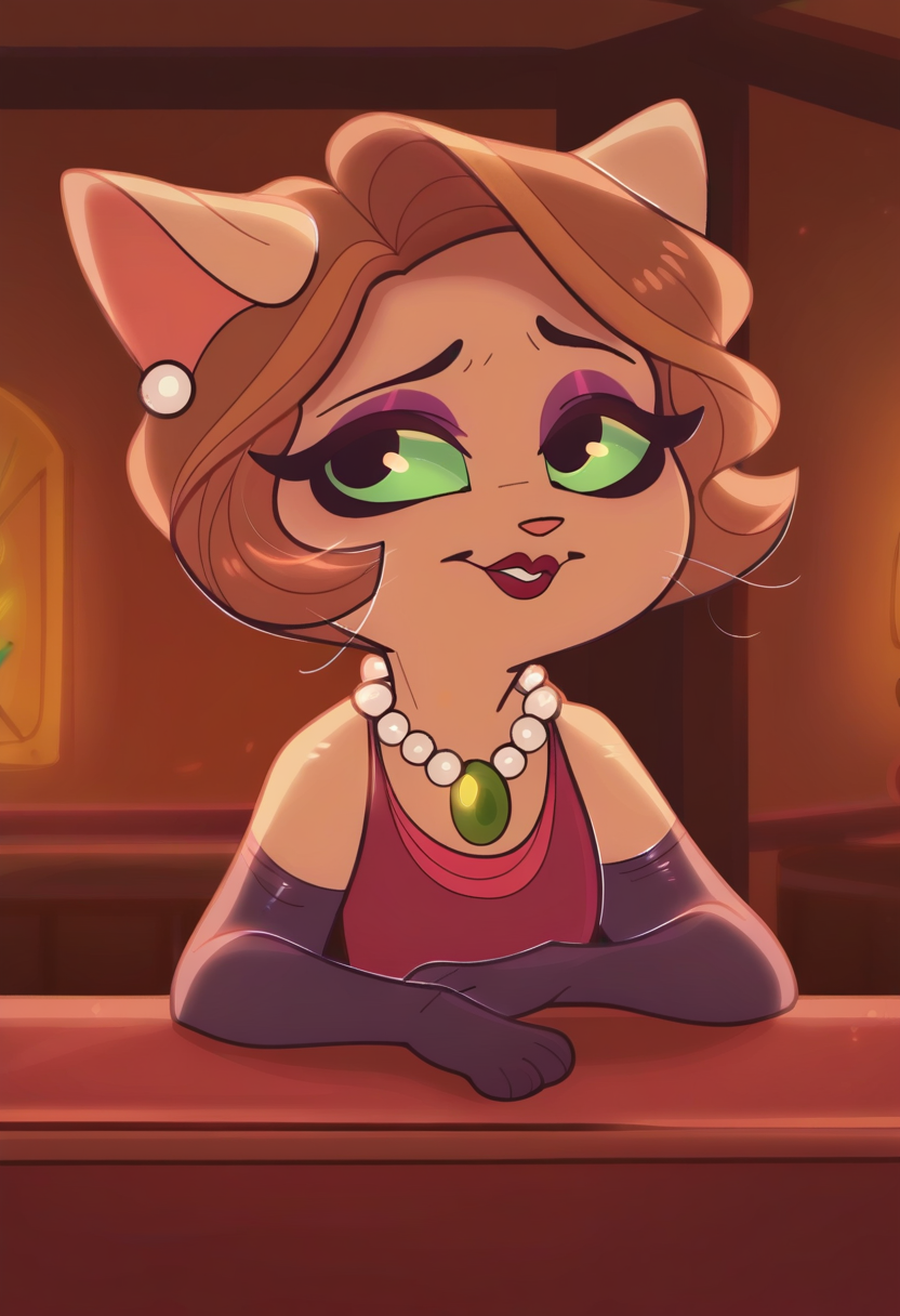 zPDXL, score_9_up, score_8_up,_7_up, score_6_up, score_5_up, score_4_up ,source_cartoon, best quality, amazing quality, detailed background, masterpiece, 1girl, looking at viewer, solo, room, christmas decorations, christmas lights, huge filesize, blurry background, close, upper body, bar, sitting at the bar counter, smile, cute, adorable, mitzi may, cat girl, cat ears, light green eyes, light-brown fur, brown hair, bushy tail, red lipstick, purple eyeshadow, red dress, black gloves, pearl earrings, pearl necklace with emerald, black high heels, <lora:MitziMay:0.8>,  dimwitdog, <lora:dimwitdog:1>
