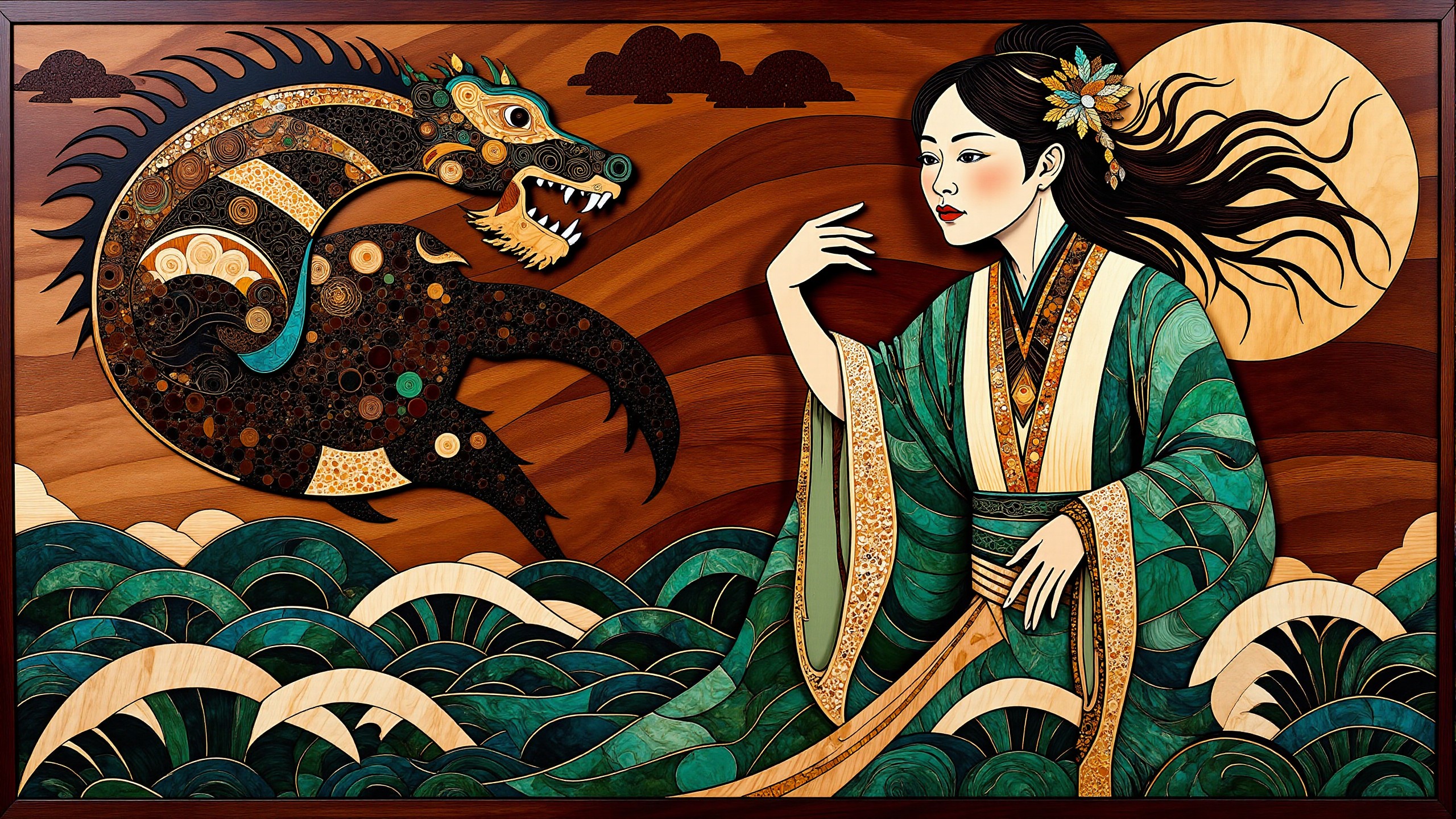 cs-m4rq style exotic wood marquetry Enlightenment themed print artwork depicting Chinese elderly female siren singing on a rocky stormy seashore. The background is mahogany wood, with intricate black and lime-green and silver animalistic details. Haida style. The overall arrangement of the image is a balance of space and features. Additionally the image incorporates elements of mixed media including flowing lines drawn with fine pens and appliqued silverleaf. The general effect is of elaborate and elegant elements interacting with each other to produce timeless fine art. <lora:midjourney_whisper_chromaplex_v1:0.4> <lora:Marquetry_v1_e8:0.8> <lora:Pacific_Northwest_r1:0.4> <lora:BookOfKells-Rapid:0.3>
