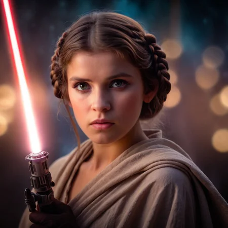 Star Wars prises Leia, (delicate face, beautiful eyes, natural, eye contact) ((with the young Anakin Skywalker holding his light sabre)), by her side, (Han Solo, holding his laser gun) on the planet andor, shallow depth of field, vignette, highly detailed, high budget Hollywood film, bokeh, cinemascope, moody, epic, gorgeous, film grain, Canon EOS R,Canon RF 85mm F1.2L USM, ISO 100