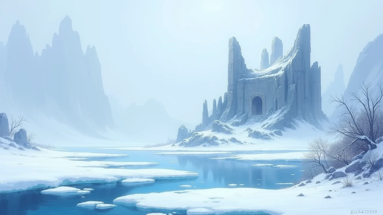 painted world, masterpiece, professional artwork, breathtaking view of a frozen winter landscape, ice covered stone ruins surrounded by a harsh frozen lake, slight cracks form in the ice