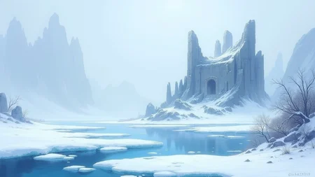 painted world, masterpiece, professional artwork, breathtaking view of a frozen winter landscape, ice covered stone ruins surrounded by a harsh frozen lake, slight cracks form in the ice