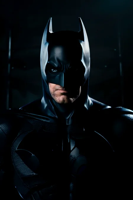 award winning photo of (batman) posing in a dark studio, (rim lighting,:1.4) two tone lighting, octane, unreal, dimly lit, (low key:1.3), to8contrast style