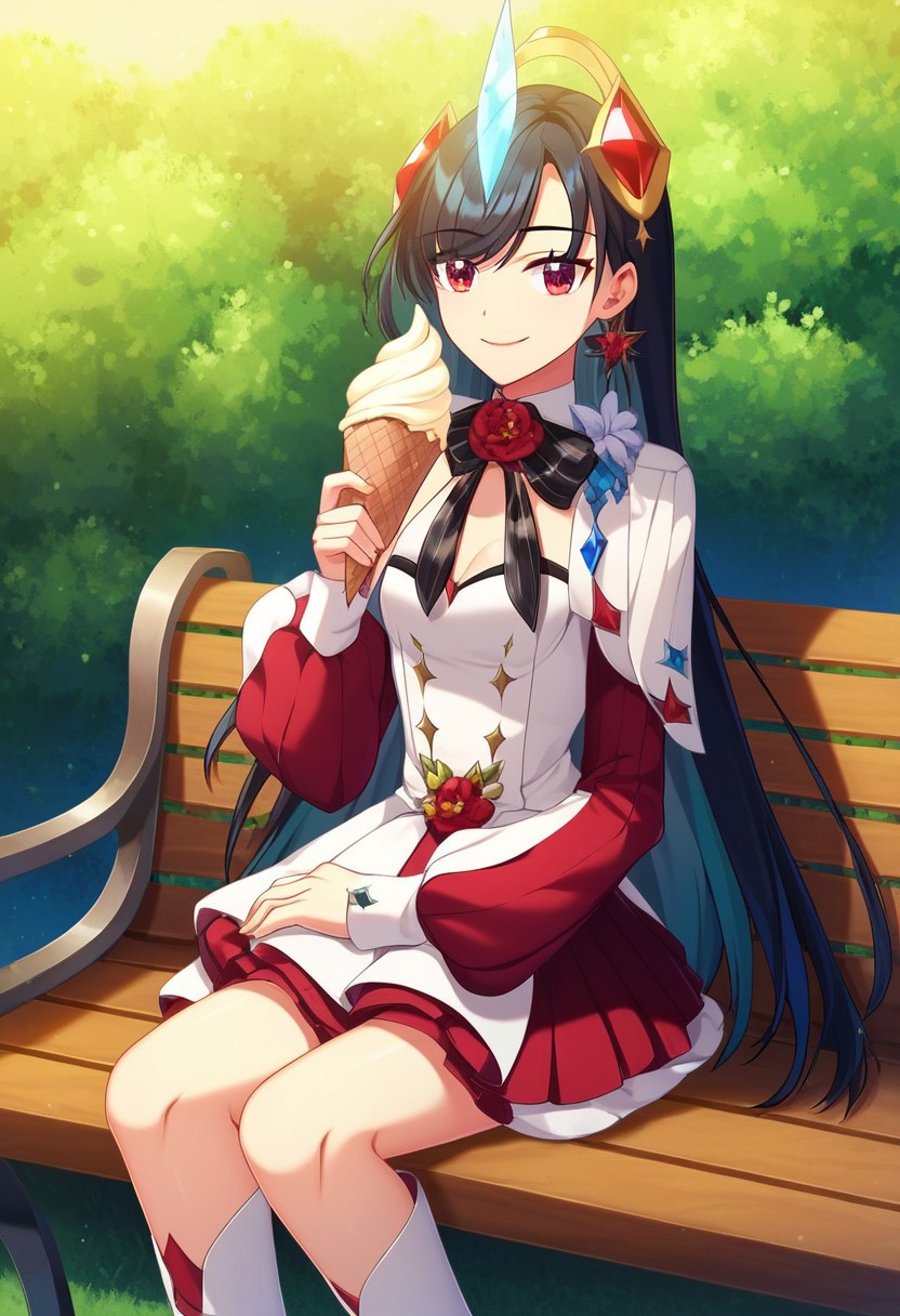 (masterpiece, best quality), absurdres, (masterpiece), best quality, game cg,  absurdres, anime style, newest, score_9_up, score_8_up, score_7_up, score_6_up, score_5_up, score_4_up, score_3_up BREAK (masterpiece, best quality), absurdres, long eyelashes, BREAK Ruele_Light, sitting, bench, park, holding ice cream