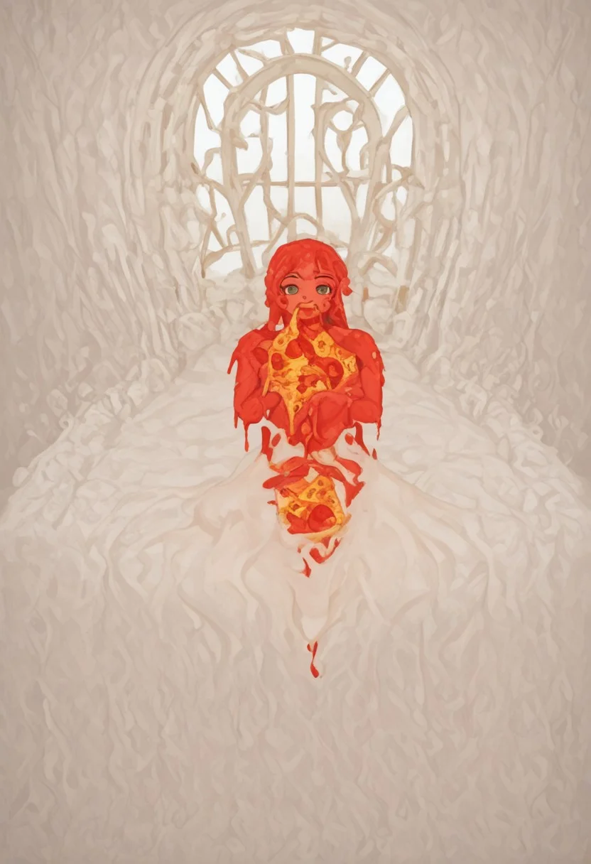 red slime girl ((eating pizza)) pizzasdx, looking at viewer (pizza melting:1.5) medieval bedroom background, masterpiece, full body sitting on bed, white bed, bed, white sheets, window, good light, perfect hands, good hands (hands on pizza)
