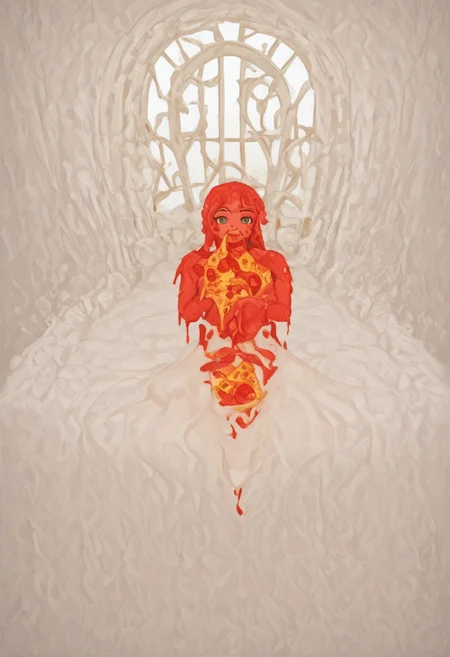 red slime girl ((eating pizza)) pizzasdx, looking at viewer (pizza melting:1.5) medieval bedroom background, masterpiece, full body sitting on bed, white bed, bed, white sheets, window, good light, perfect hands, good hands (hands on pizza)