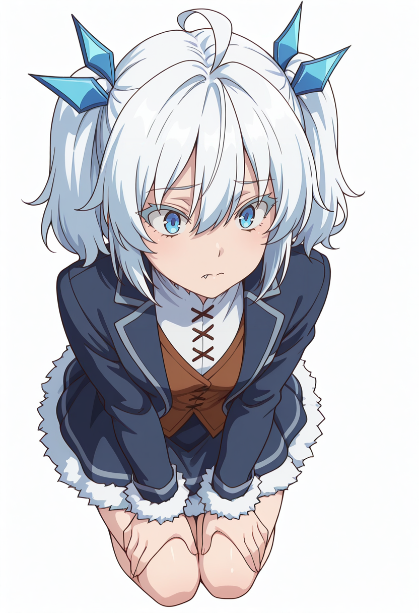 Smooth Quality,masterpiece,very intricate, high quality details, ultra realistic, high detailed skin,detailed enviorement,absurdres,
simple background, white background, 
from above,kneeling, hands on thighs, head slightly tilted, neutral expression, focused gaze,  ,scared,
waistcoat,  ,blazer, ,panel skirt,  ,
 <lora:Setsuna_cnn:0.8>setsunacnn,1girl, short hair, hair between eyes,blue eyes, white hair, ahoge, twintails, fang,fur trim,