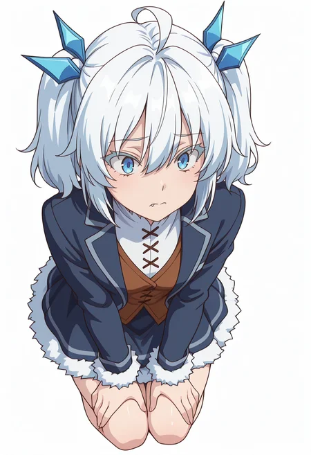 Smooth Quality,masterpiece,very intricate, high quality details, ultra realistic, high detailed skin,detailed enviorement,absurdres,
simple background, white background,
from above,kneeling, hands on thighs, head slightly tilted, neutral expression, focused gaze, ,scared,
waistcoat, ,blazer, ,panel skirt, ,
<lora:Setsuna_cnn:0.8>setsunacnn,1girl, short hair, hair between eyes,blue eyes, white hair, ahoge, twintails, fang,fur trim,