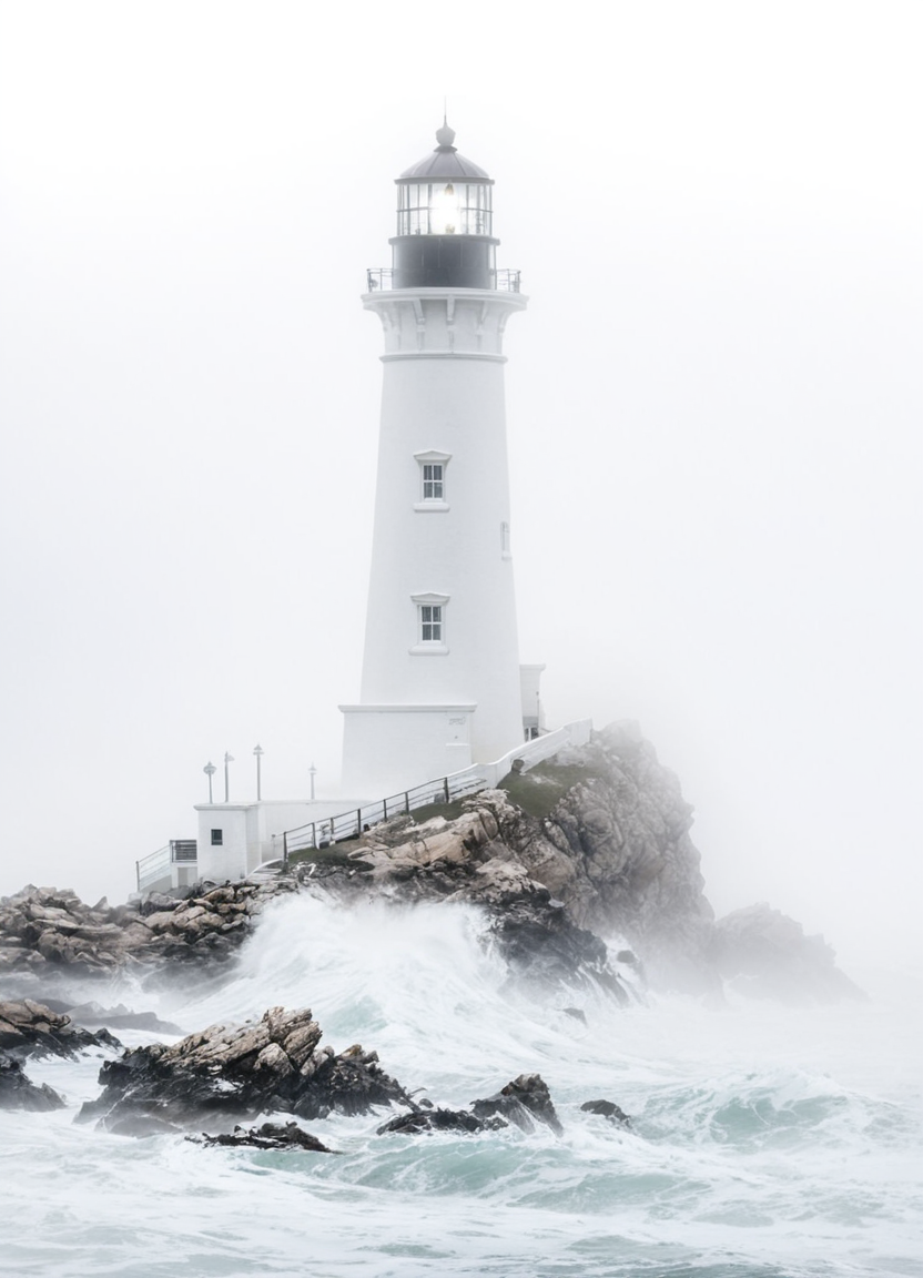 highkey, lighthouse, ocean, foggy, white background, outside, rocks, waves, storm
 <lora:Highkey-SDXL:1>