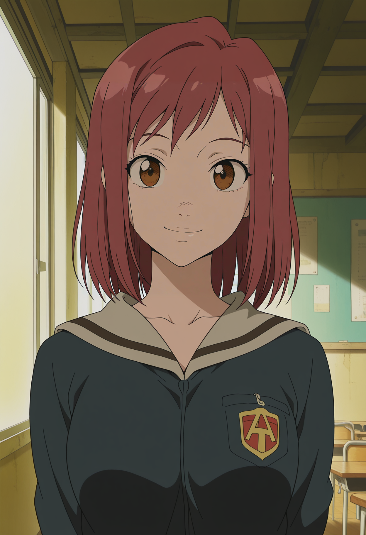 1girl,solo,mm,aged up,short hair,brown hair,red hair,brown eyes,anime coloring,
school uniform,serafuku,jacket,upper body, looking at viewer, smile,indoors
,masterpiece,best quality,amazing quality,<lora:Mamimi_Samejima-FLCL_IL:0.9>