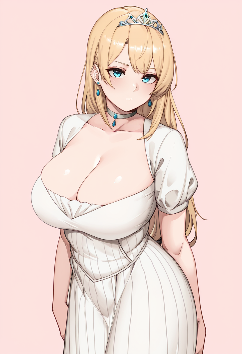 masterpiece, best quality,
1girl, solo, standing, looking at viewer, blonde hair, long hair, large breasts, narrow waists, tiara, choker, earrings, dress, white dress, long dress, cleavage, pink background, simple background,
 <lora:Kirinkirin_Style:1> K1r1nk1r1n,