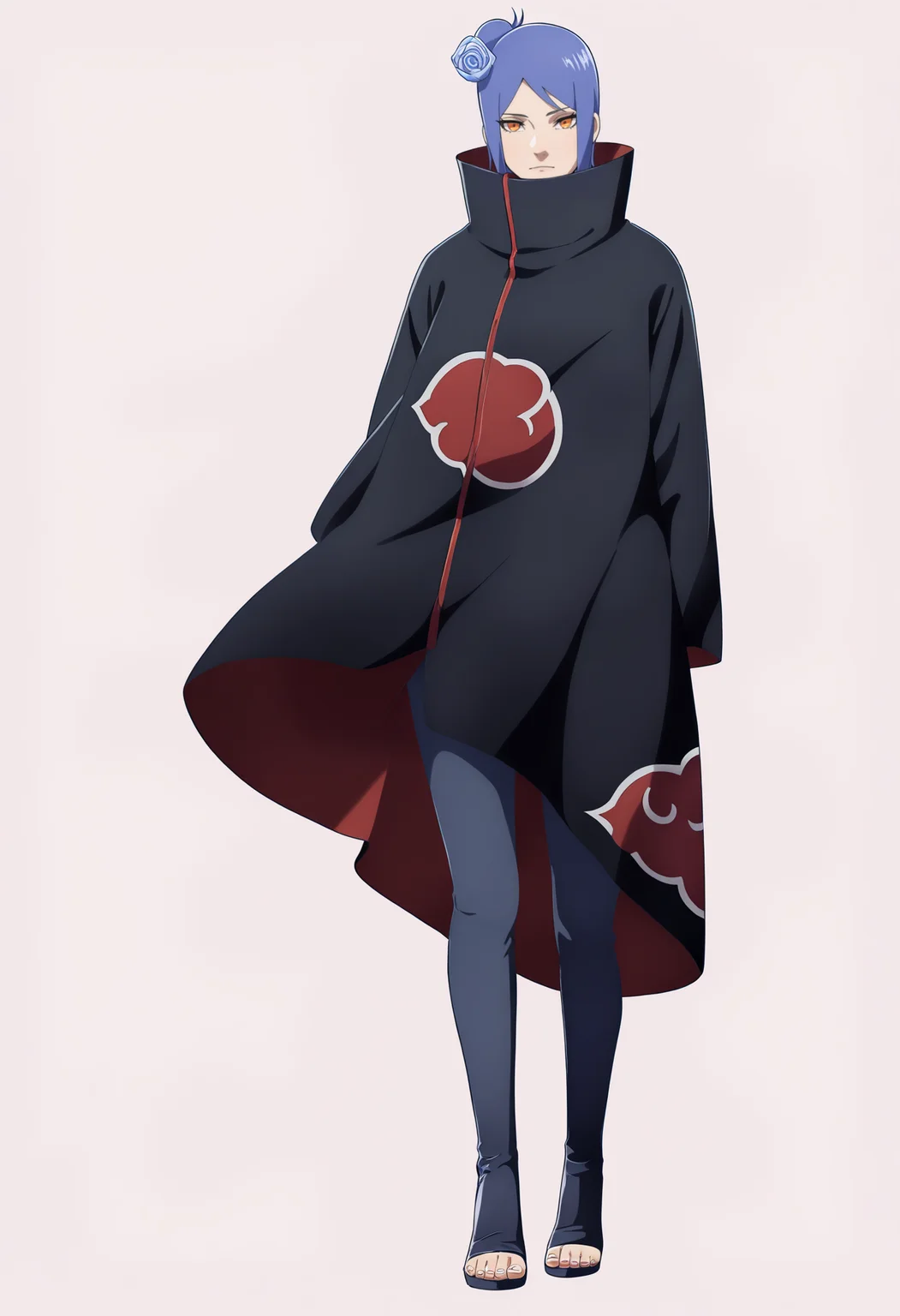 masterpiece, best quality, very aesthetic, absurdres,
1girl, konan, blue hair, single hair bun, orange eyes, hair flower,
high collar, lip piercing, long sleeves,
cloak, toeless footwear,
standing, full body, looking at viewer, solo, (simple background, white background:1.3), <lora:KonanNoobXL_byKonan:1>