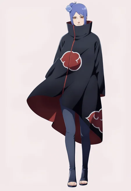 masterpiece, best quality, very aesthetic, absurdres,
1girl, konan, blue hair, single hair bun, orange eyes, hair flower,
high collar, lip piercing, long sleeves,
cloak, toeless footwear,
standing, full body, looking at viewer, solo, (simple background, white background:1.3), <lora:KonanNoobXL_byKonan:1>