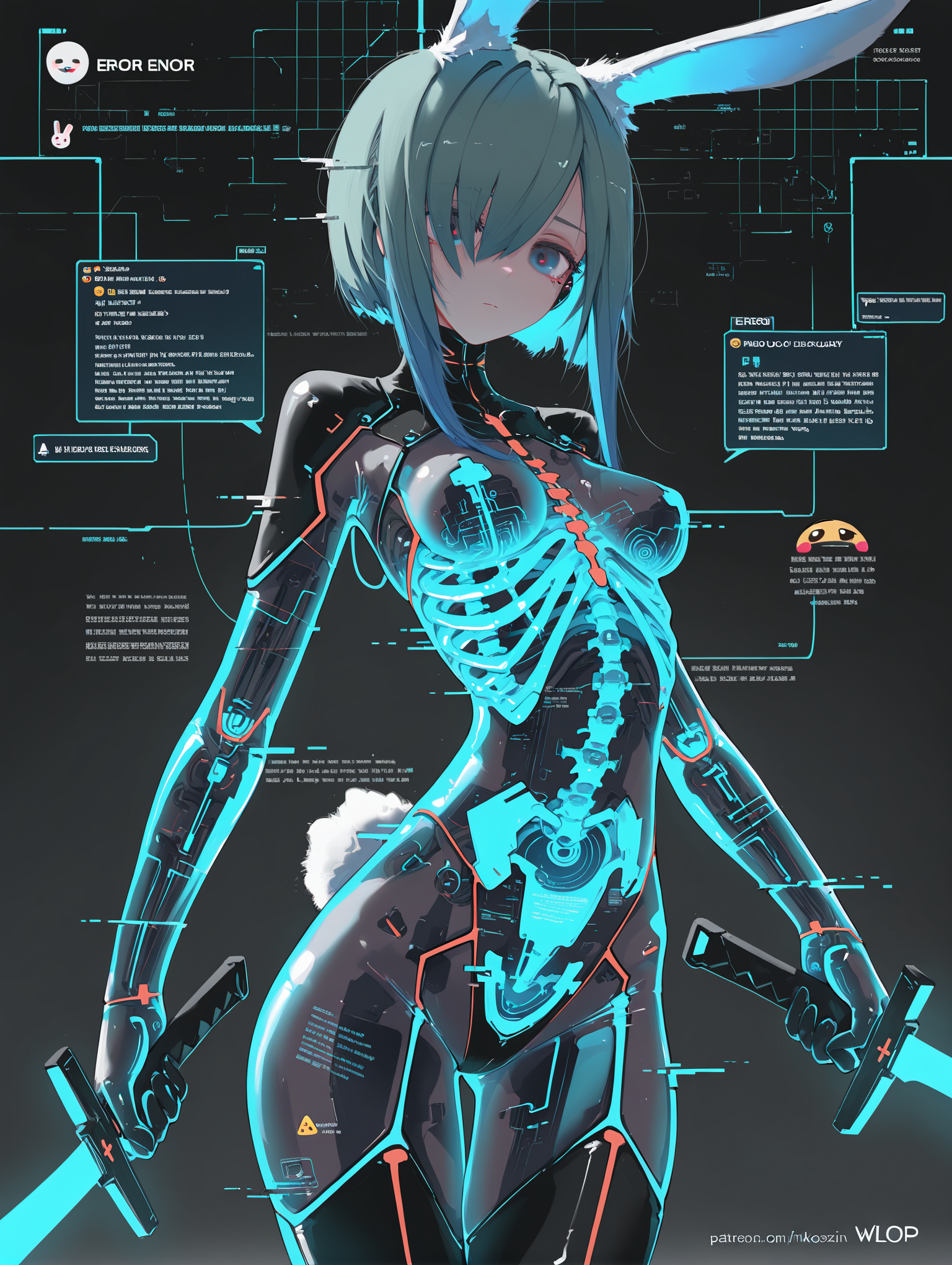 1girl, details, bold outlines, imazawa, extreme visuals, glitch, see-through body, infused circuitry, technology, emoji, digital blueprint background, error message, cyberpunk, neon trim, holding sword, wlop, rabbit ears, mikozin, ribs
,masterpiece,best quality,amazing quality,