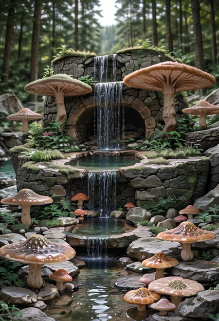 masterpiece, best quality, (giant mushrooms), N4t4rch, day, water, tree, depth of field, blurry background, forest, rock, waterfall, moss, stone, , <lora:NatureArchitecture_IXL:0.7>,