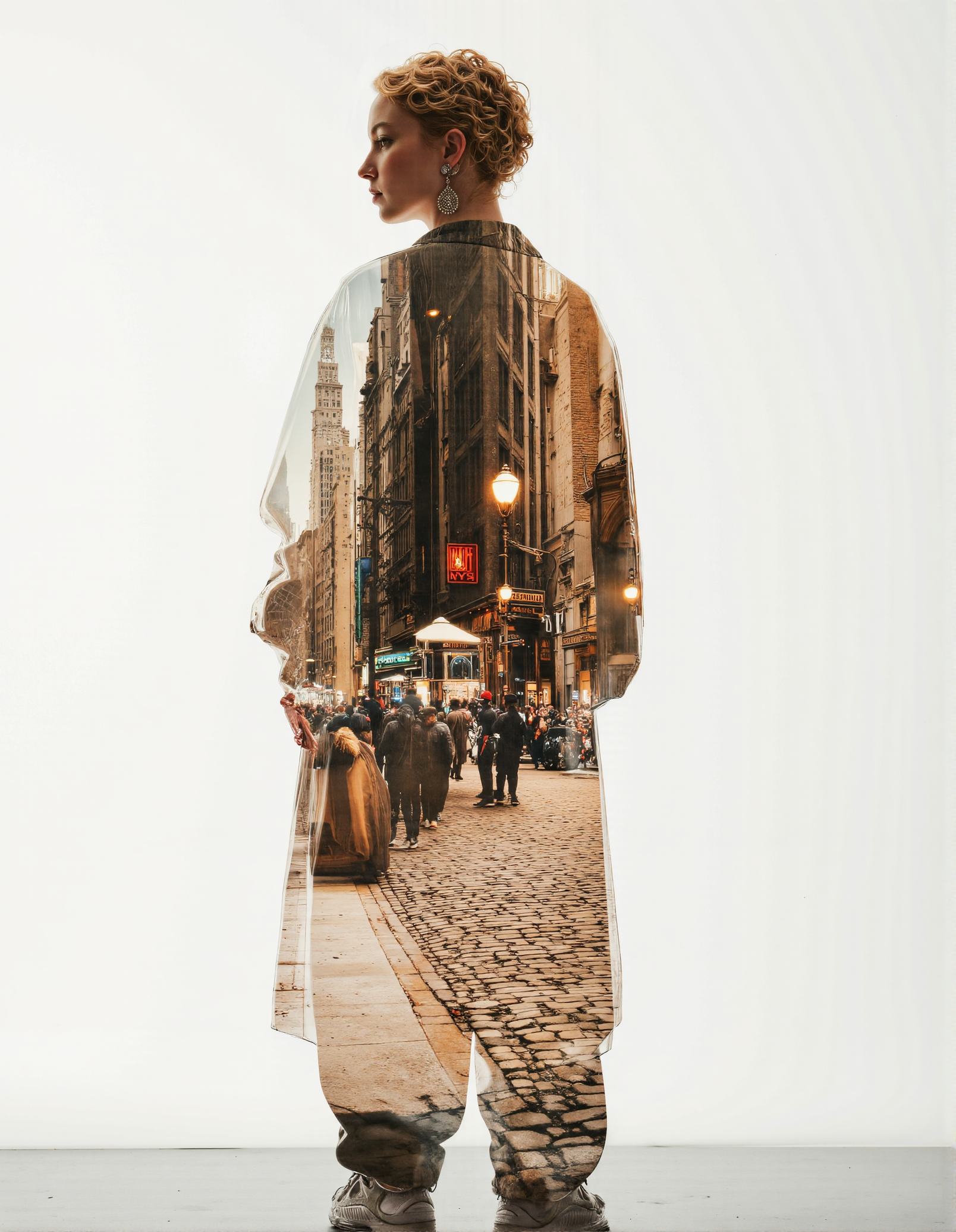 A sharply dressed woman in modern streetwearâchunky sneakers, oversized jacket, bold earringsâstands confidently in profile against a clean, urban backdrop. Her silhouette contains a bustling 1920s city scene in vivid double exposure: cobblestone streets, antique cars, men in fedoras, women in flapper dresses, and vintage lampposts glowing warmly. The textures of old film grain blend into crisp, high-definition lighting. Neon reflections from her modern world ripple across sepia-toned bricks and jazz-era buildings, creating a surreal bridge where past and present coexist. A gramophone subtly fades into a modern Bluetooth speaker, symbolizing evolution through style, culture, and technology.
<lora:HiDreamStyle:1> aidmaHiDreamStyleâââ, (RGB_Color_32), (CSS Colors level 4), wide-gamut colors, UHD_32K, highlights and shadows of the "Glow" photo effect linear gradient from white to transparent, photo effect, HDR, Fujifilm XT3, RAW Surprise, 16mm, Portra 400 Color Film, IMG_1018.CR2,  (((Hue-Red Primary:1.0, Blue Primary:-1.0, Saturation:1.1, vibrance:1.7))), adobe lightroom, photolab, (dots:600_dpi). (real_live_person:2.0),  (image gloss effect:3.0), (cinematic:2.0), (digital), DSLR camera, (The picture was taken with a Canon EOS R5 with a 50mm f/1.2 lens, camera in bright light).
<lora:aidmaFLuxPro1.1_v0.3:0.5> aidmafluxpro1.1 <lora:aidmaImageUpraderv0.3:0.4> aidmaimageupgrader  <lora:aidmaHyperrealismv0.3:0.4> aidmahyperrealism    <lora:aidmaMJv7:0.5> aidmamjv7, detailed