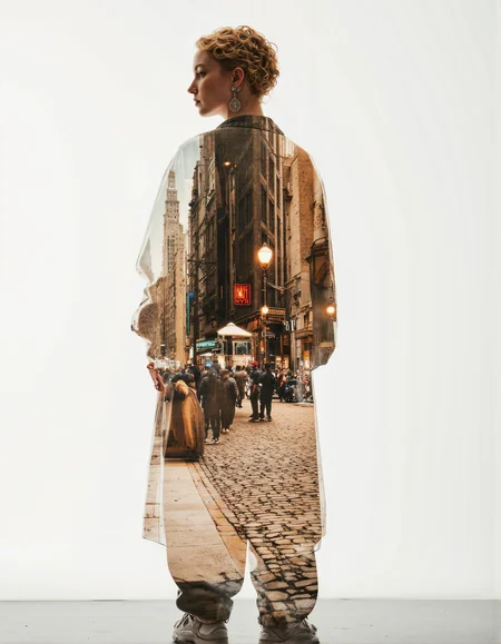 A sharply dressed woman in modern streetwearâchunky sneakers, oversized jacket, bold earringsâstands confidently in profile against a clean, urban backdrop. Her silhouette contains a bustling 1920s city scene in vivid double exposure: cobblestone streets, antique cars, men in fedoras, women in flapper dresses, and vintage lampposts glowing warmly. The textures of old film grain blend into crisp, high-definition lighting. Neon reflections from her modern world ripple across sepia-toned bricks and jazz-era buildings, creating a surreal bridge where past and present coexist. A gramophone subtly fades into a modern Bluetooth speaker, symbolizing evolution through style, culture, and technology.
<lora:HiDreamStyle:1> aidmaHiDreamStyleâââ, (RGB_Color_32), (CSS Colors level 4), wide-gamut colors, UHD_32K, highlights and shadows of the "Glow" photo effect linear gradient from white to transparent, photo effect, HDR, Fujifilm XT3, RAW Surprise, 16mm, Portra 400 Color Film, IMG_1018.CR2, (((Hue-Red Primary:1.0, Blue Primary:-1.0, Saturation:1.1, vibrance:1.7))), adobe lightroom, photolab, (dots:600_dpi). (real_live_person:2.0), (image gloss effect:3.0), (cinematic:2.0), (digital), DSLR camera, (The picture was taken with a Canon EOS R5 with a 50mm f/1.2 lens, camera in bright light).
<lora:aidmaFLuxPro1.1_v0.3:0.5> aidmafluxpro1.1 <lora:aidmaImageUpraderv0.3:0.4> aidmaimageupgrader <lora:aidmaHyperrealismv0.3:0.4> aidmahyperrealism <lora:aidmaMJv7:0.5> aidmamjv7, detailed
