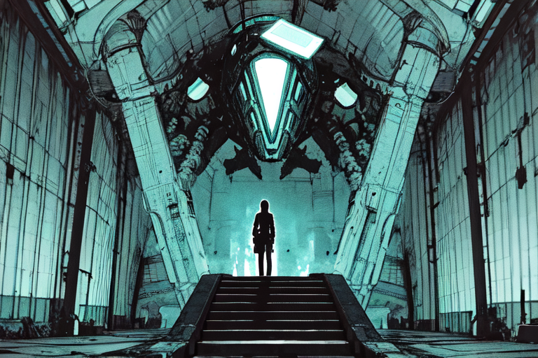 highly insanely detailed, masterpiece, top quality, best quality, highres, 4k, 8k, RAW photo, (very aesthetic, beautiful and aesthetic),  
tsutomu nihei,nihei_tsutomu,blame!,blame gakuen!,abara,TNstyle,sidonia_no_kishi,(deep horizon,sidonia \(ship\),tunnel,giant room,city ruins,hangar,stairs,tower),tentacles,bridge,drainpipe,star \(sky\),starry sky,gauna,gauna mech,clouds,bones,dark background,science fiction,empty,decrepit,cyberpunk,vast scenery,perspective,blm,open space,futuristic,no human,flock, 
<lora:blameLora_v10:0.8>, 
(1girl:1.3), 
solo focus, 
seafoam green background,honey blonde background,(colored geometric background,multicolored background),âââ