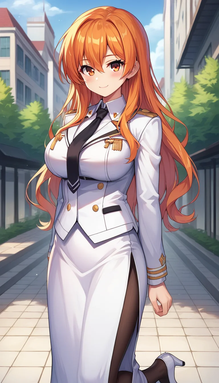 score_9,score_8_up,masterpiece,best quality,correct anatomy,anime_source,1girl,solo,perfect eyes,perfect arms,perfect legs,perfect face,outdoors,upper body,(portrait:1.5),looking at viewer,facing viewer,smile,blush,Mariel Esthereed,long hair,orange hair,sidelocks,hair between eyes,bangs,orange eyes,uniform,black necktie,white jacket,white shirt,long sleeves,large breasts,long skirt,white skirt,side slit,black pantyhose,high heels,white footwear,<lora:Milfina Sol Eleanord(uq)-Pony:1.2>,
