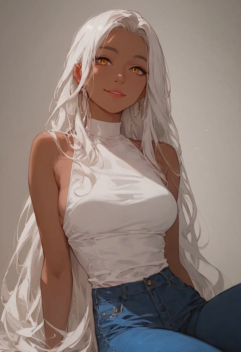 score_9, score_8_up, score_7_up, a girl, brunette, dark skin, long hair, white hair, amber eyes, sleeveless top, short top, medium breasts, blue jeans, sitting, slight smile, Machiovelian look, Expressiveh, neon, <lora:add-detail-xl:1.5>