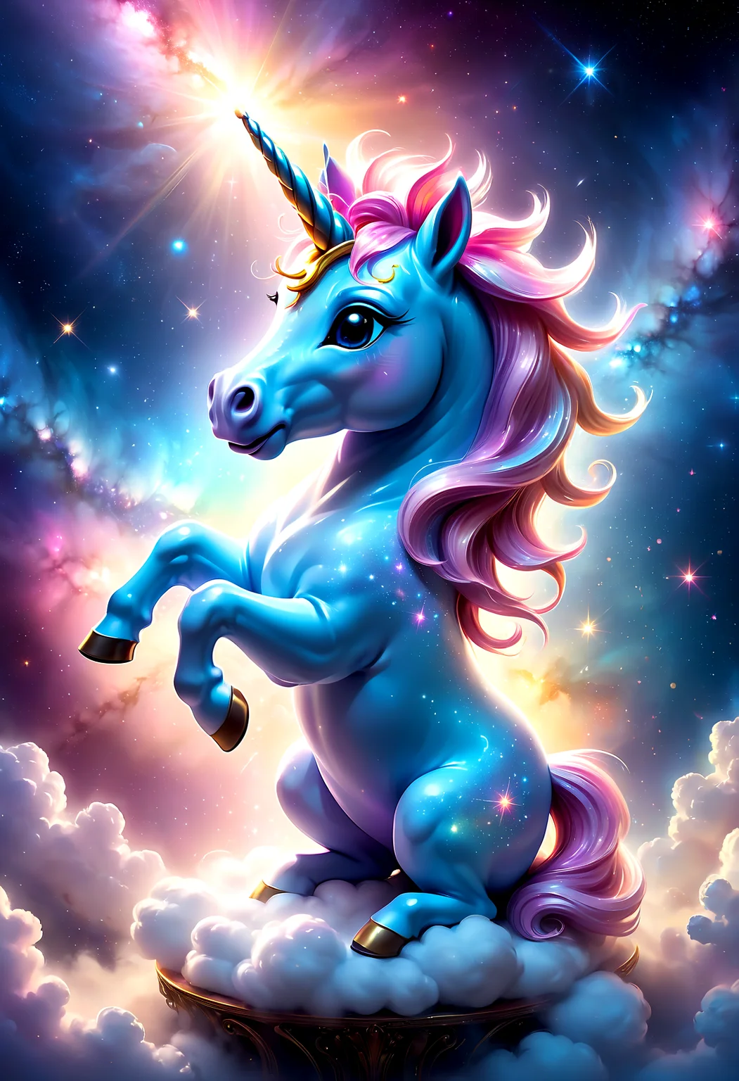 sparkling kawaii little baby unicorn sitting on a cloud of nebula dust, light shines through, magical artifact, very detailed, amazing quality, intricate, cinematic light, highly detail, beautiful, surreal, dramatic, galaxy <lora:SDXLFaeTastic2400:0.6>