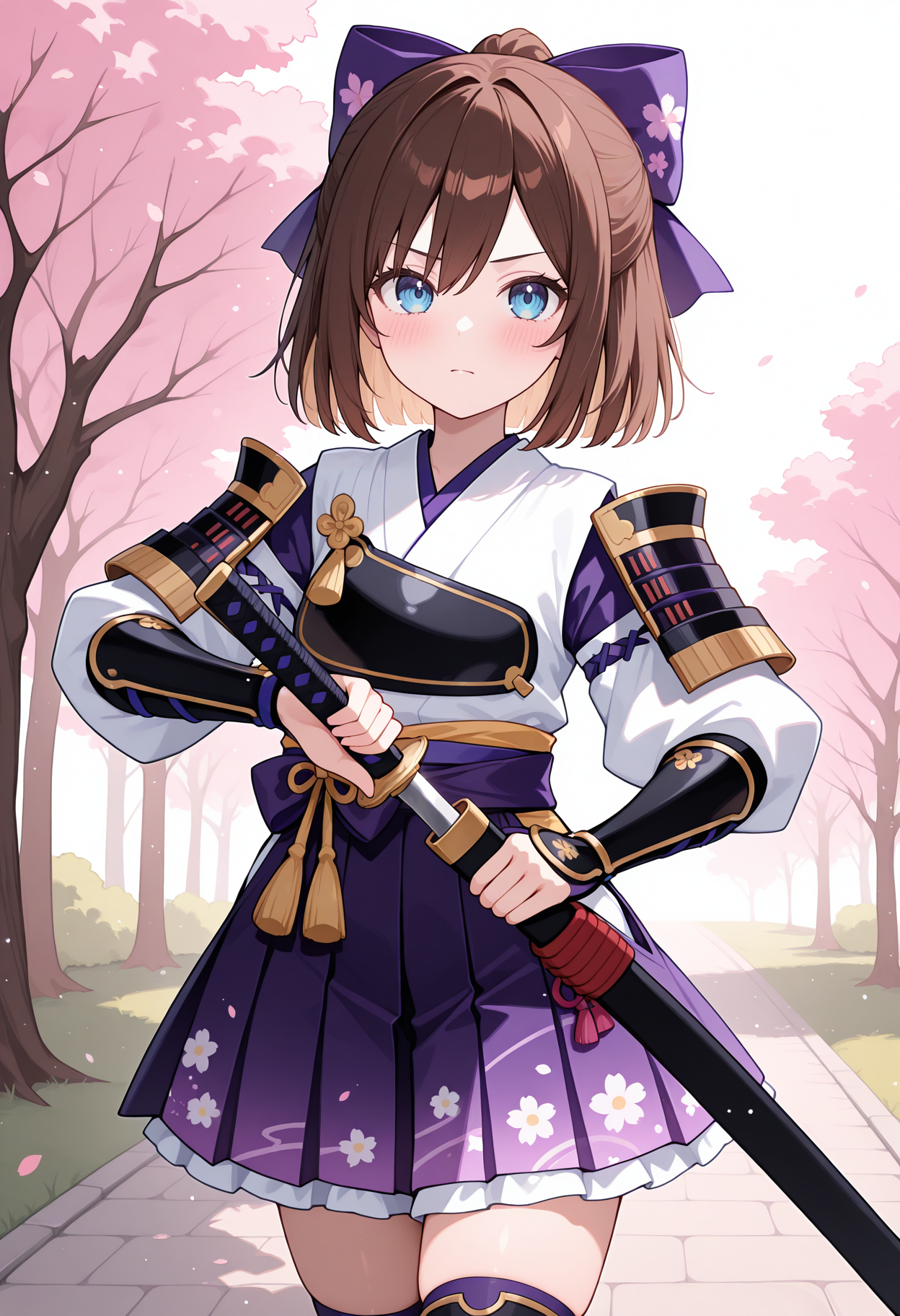 highres, best quality, masterpiece, outdoors, cherry blossoms, light particles,
1girl, solo, nptrom, brown hair, short hair, blue eyes,
nrom4go, hair bow, purple bow, samurai, japanese armor, white kimono, kote, hair bow, purple skirt, floral print, thighhighs,
looking at viewer, blush, serious,
unsheathing, 
<lora:_rom_neptunia-elesico-ilxlB-000013:1>