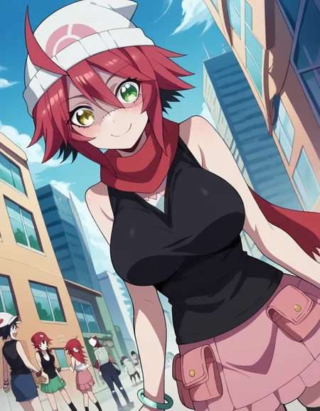 score_9, score_8_up, score_7_up, source_anime, <lora:zombina-s1-ponyxl-lora-nochekaiser:1>, zombina, short hair, large breasts, green eyes, yellow eyes, ahoge, red hair, heterochromia, stitches, zombie, patchwork skin, <lora:dawn-pokemon-cosplay-ponyxl-lora-nochekaiser:1>, dawnpokemoncosplay, dawn (pokemon) (cosplay), bare shoulders, beanie, black shirt, black socks, bracelet, hat, jewelry, kneehighs, miniskirt, pink skirt, red scarf, scarf, shirt, skirt, sleeveless, sleeveless shirt, white headwear,, cityscape, street, smile, blush,, , dutch angle,