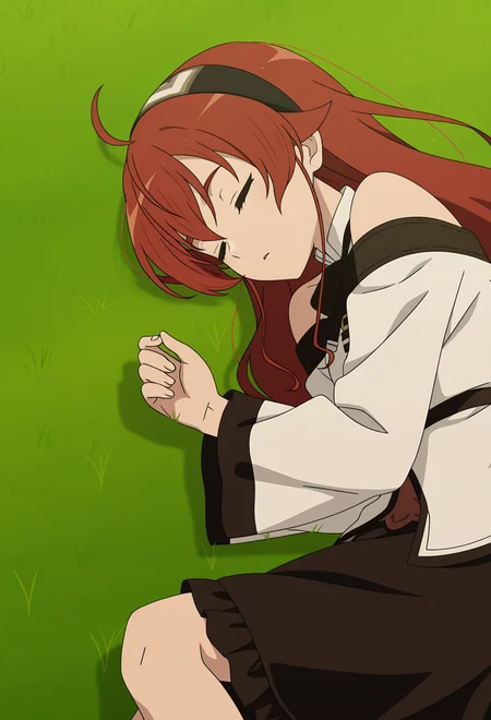 <lora:Eris Greyrat_illustrious-000016:1>,
Eris Greyrat, solo, lying, sleeping, on side, closed eyes, ahoge, black hairband, grass, skirt, long sleeves, white jacket, black skirt, bare shoulders, jacket, shirt, off shoulder, anime screencap